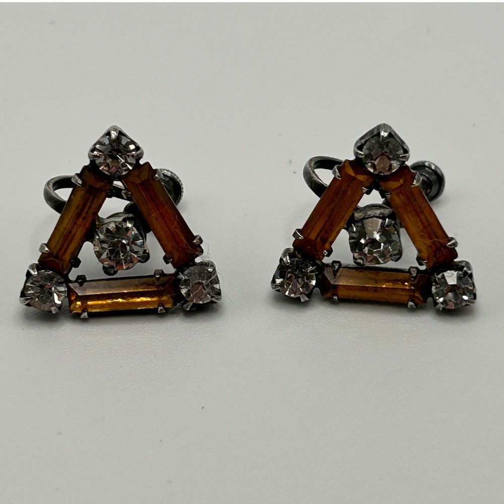 Vintage Sterling Silver Triangle Rhinestone Screw Back Earrings Amber Clear